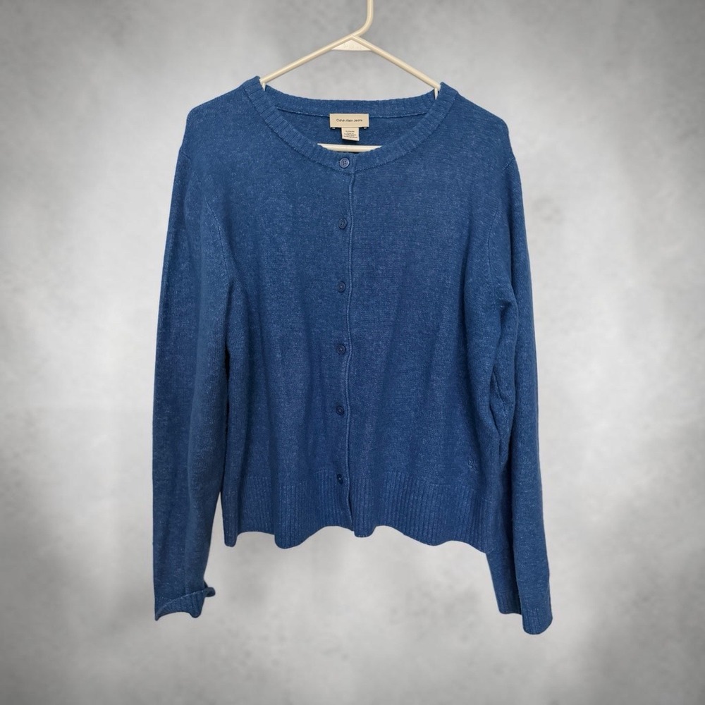 Calvin‎ Klein Wool Blend Cardigan Sweater Women's XL Blue Crew Neck Button Up
